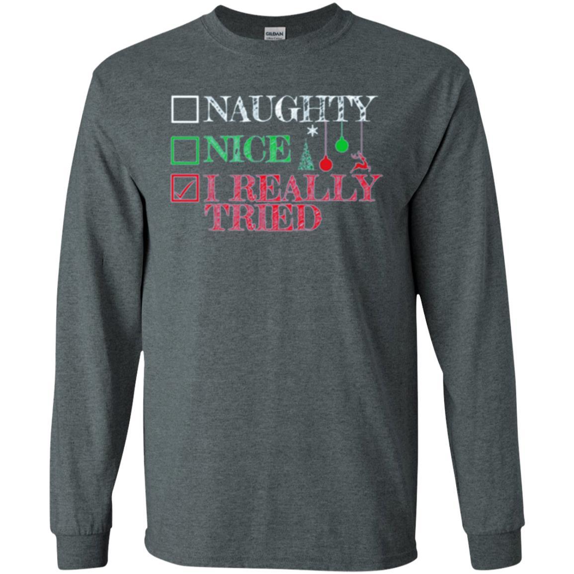 Christmas T-shirt Naugth Nice I Ready Tried Dark Heather