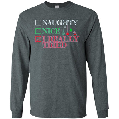 Christmas T-shirt Naugth Nice I Ready Tried Dark Heather