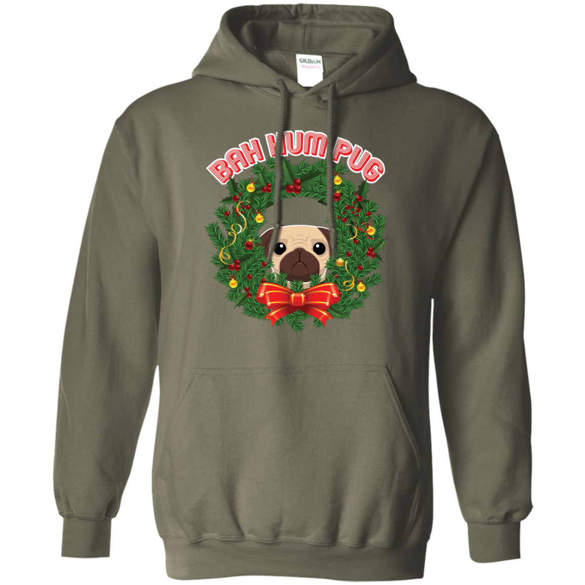 Christmas T-Shirt Bah Hum Pug Military Green