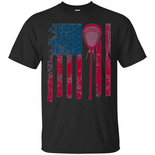 Lacrosse Player T-shirt Lacrosse American Flag Stick Black