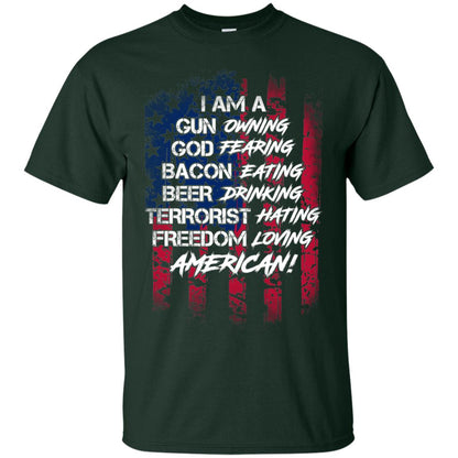 Military T-shirt I Am A Gun Owning God Fearing Bacon Eating Forest