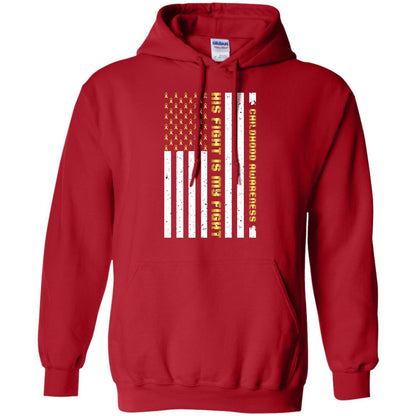 Childhood Awareness His Fight Is My Fight Gold Ribbon Stars Flag Of Usa Shirt Red