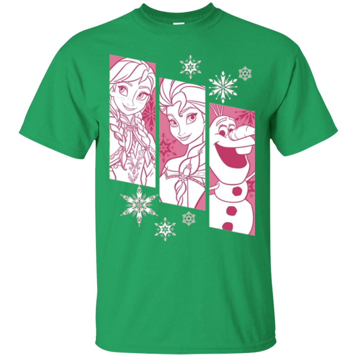 Frozen Anna Elsa Olaf Snowflake Panel Graphic T-shirt Irish Green