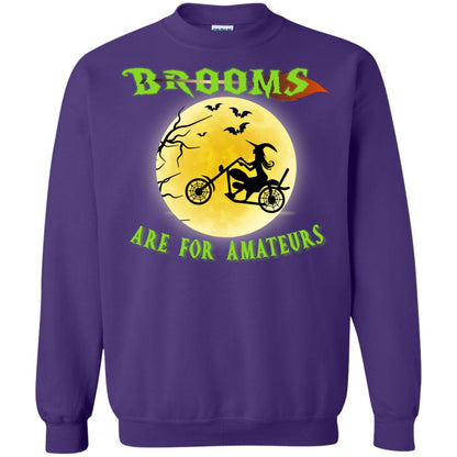 Brooms Are For Amateurs Witches Ride A Motorcycle Funny Halloween Shirt Purple