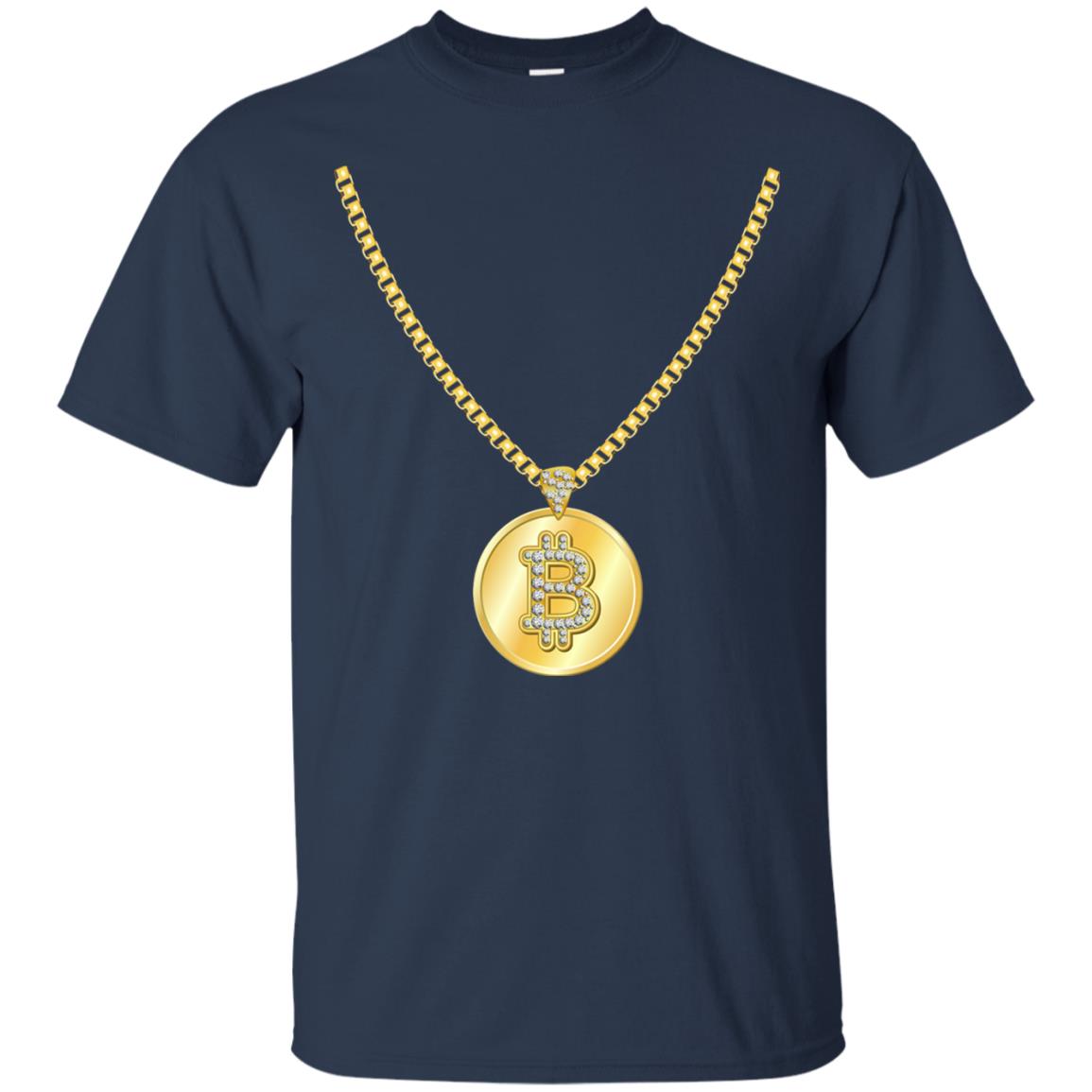 Funny Bitcoin T-shirt Gold Chain Cryptocurrency Necklace Navy