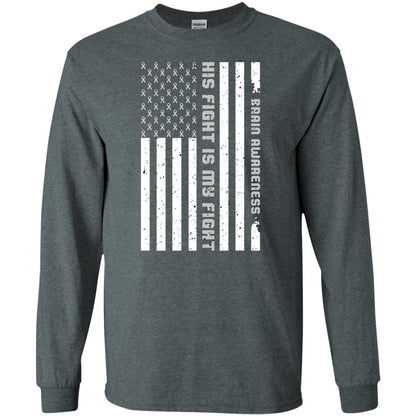 Brain Awareness His Fight Is My Fight Grey Ribbon Stars Flag Of Usa Shirt Dark Heather