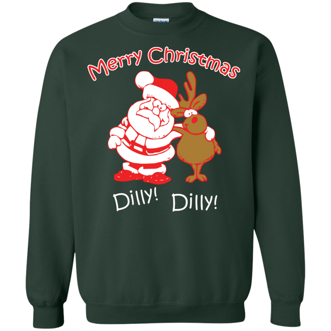 Christmas T-Shirt Merry Christmas Santa And Reindeer Dilly! Dilly! Forest Green