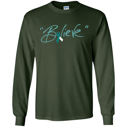 Cervical Cancer Awareness Shirt Teal White Ribbon Believe Forest Green