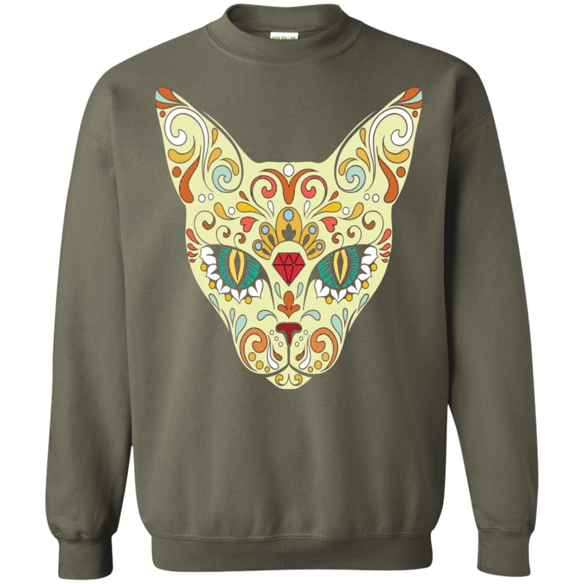 Cat Sugar Skull Design T-shirt Military Green