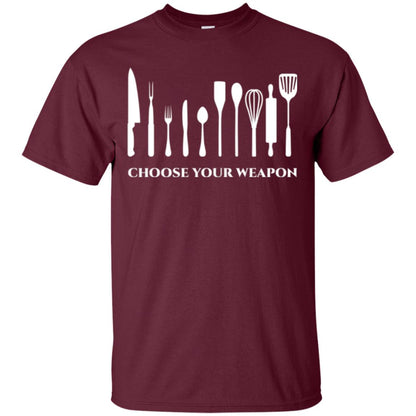 Chef Kitchen Cutlery T-shirt Choose Your Weapon Maroon