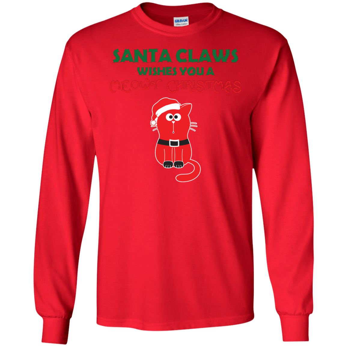 Christmas T-shirt Santa Claws Wishes You A Meowy Christmas Red
