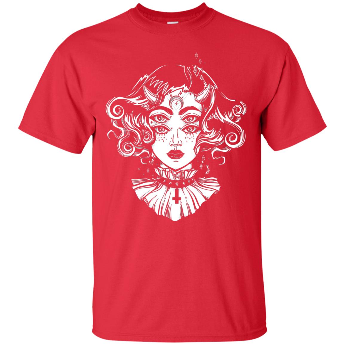 Horned Devil Girl Tshirt Satanic Halloween Glitch Goth Red