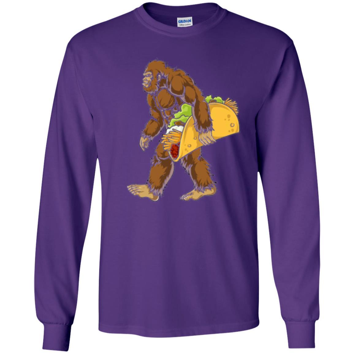 Camping T-shirt Bigfoot Sasquatch Carrying Taco Purple