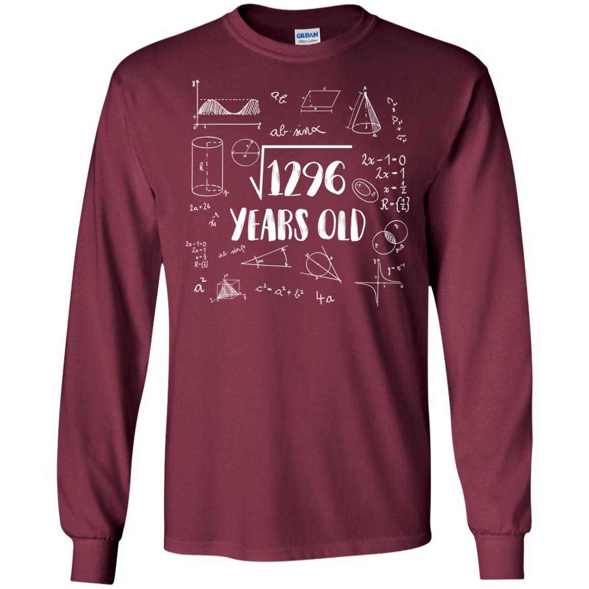 Square Root Of 1296 36th Birthday 36 Years Old Math T-shirt Maroon