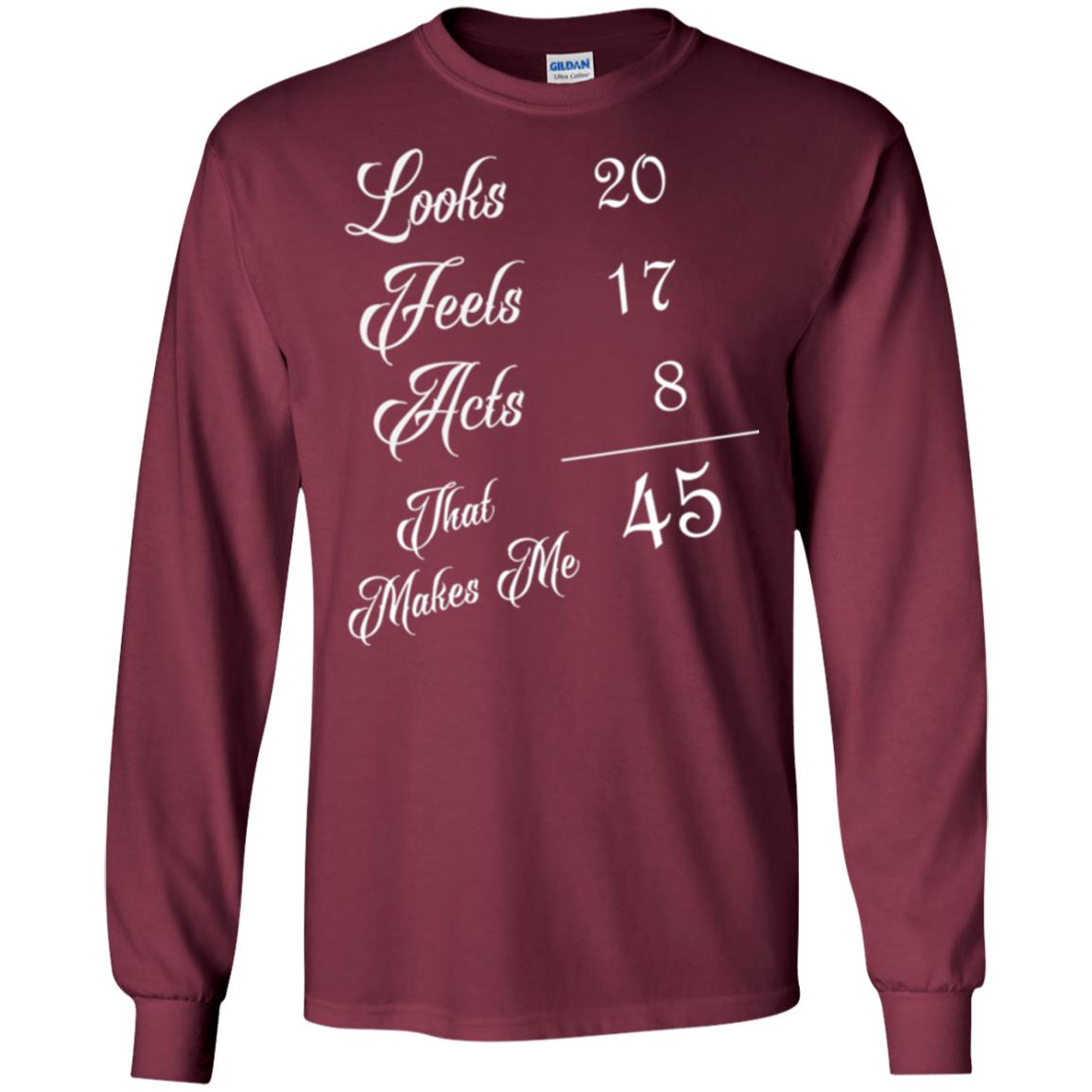45th Birthday T-shirt Looks 20 Feels 17 Acts 8 Maroon