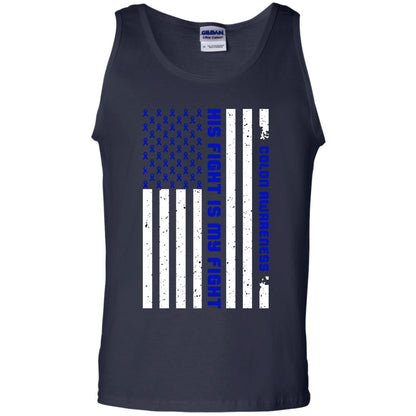 Colon Awareness His Fight Is My Fight Dark Blue Ribbon Stars Flag Of Usa Shirt Navy