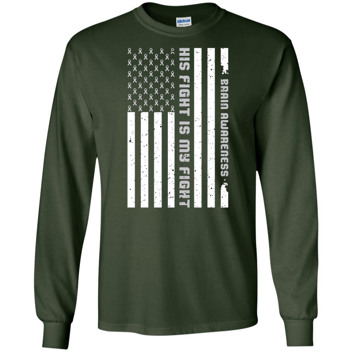 Brain Awareness His Fight Is My Fight Grey Ribbon Stars Flag Of Usa Shirt Forest Green