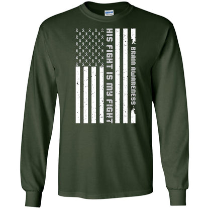Brain Awareness His Fight Is My Fight Grey Ribbon Stars Flag Of Usa Shirt Forest Green