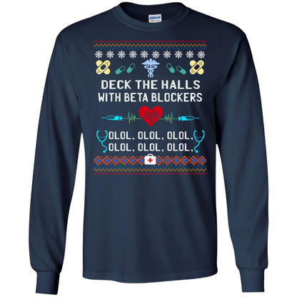 Deck The Halls With Beta Blockers Nursing X-mas Quote Shirt Navy