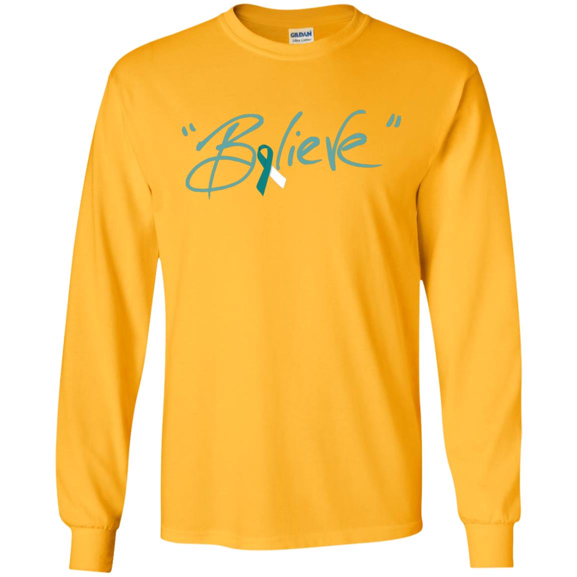 Cervical Cancer Awareness Shirt Teal White Ribbon Believe Gold