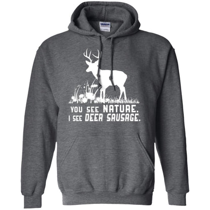 Funny Hunting T-shirt You See Nature I See Deer Sausage Dark Heather