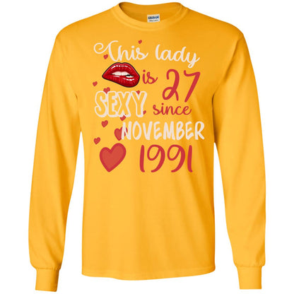 This Lady Is 27 Sexy Since November 1991 27th Birthday Shirt For November Womens Gold