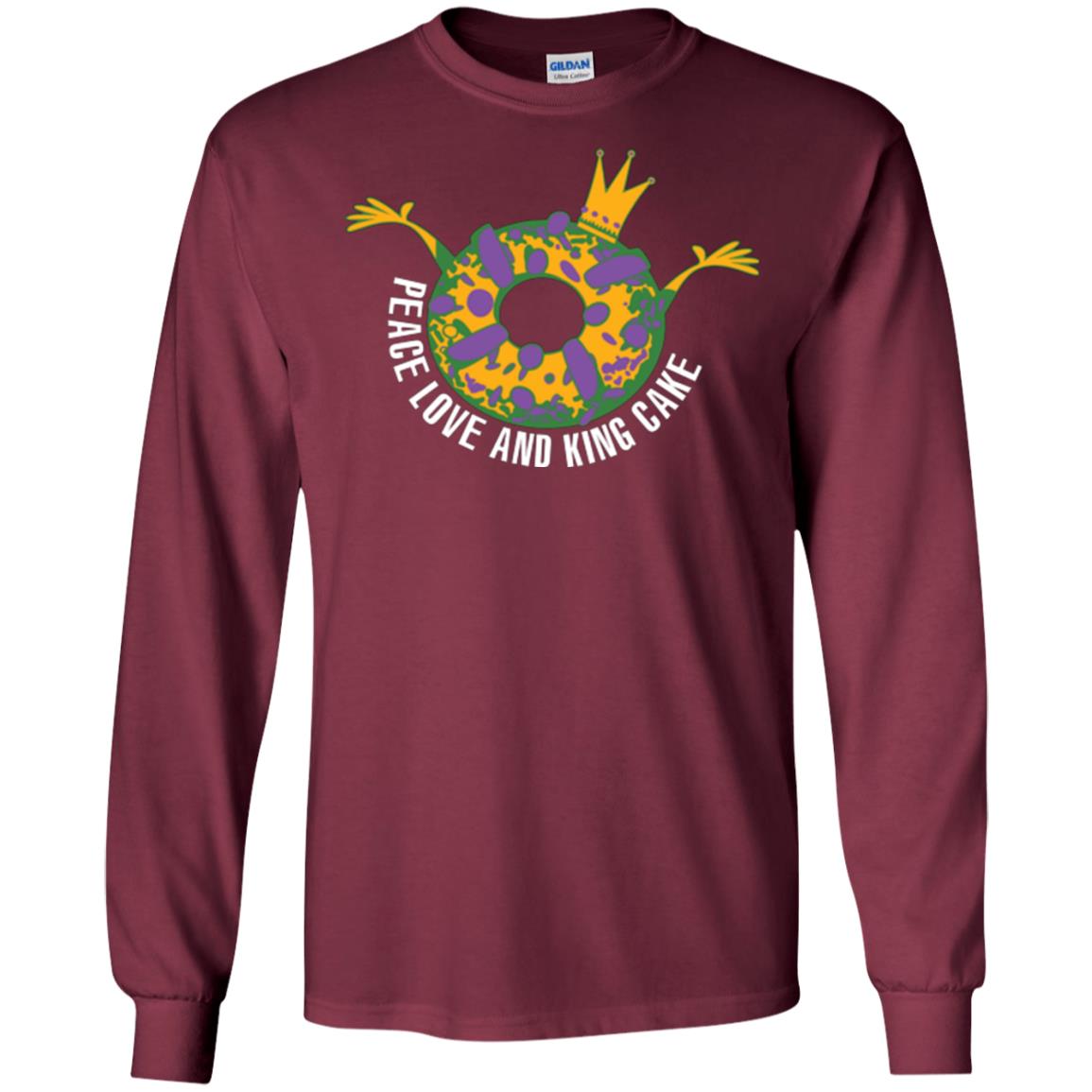 Mardi Gras T-shirt Peace Love And King Cake Maroon