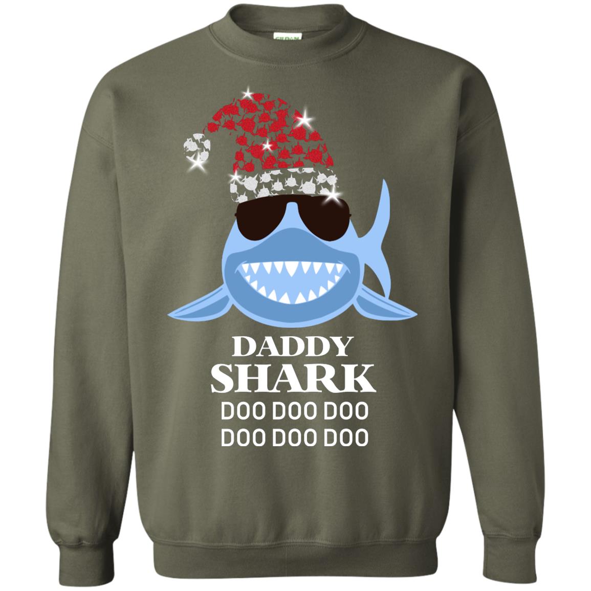 Daddy Shark With Santa Claus Hat Merry X-mas Family Shark Gift Shirt Military Green