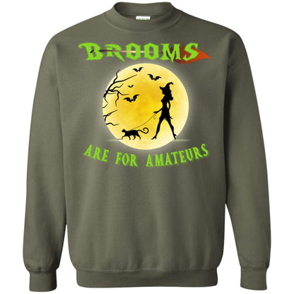 Brooms Are For Amateurs Witches Walk With Cat Funny Halloween Shirt Military Green