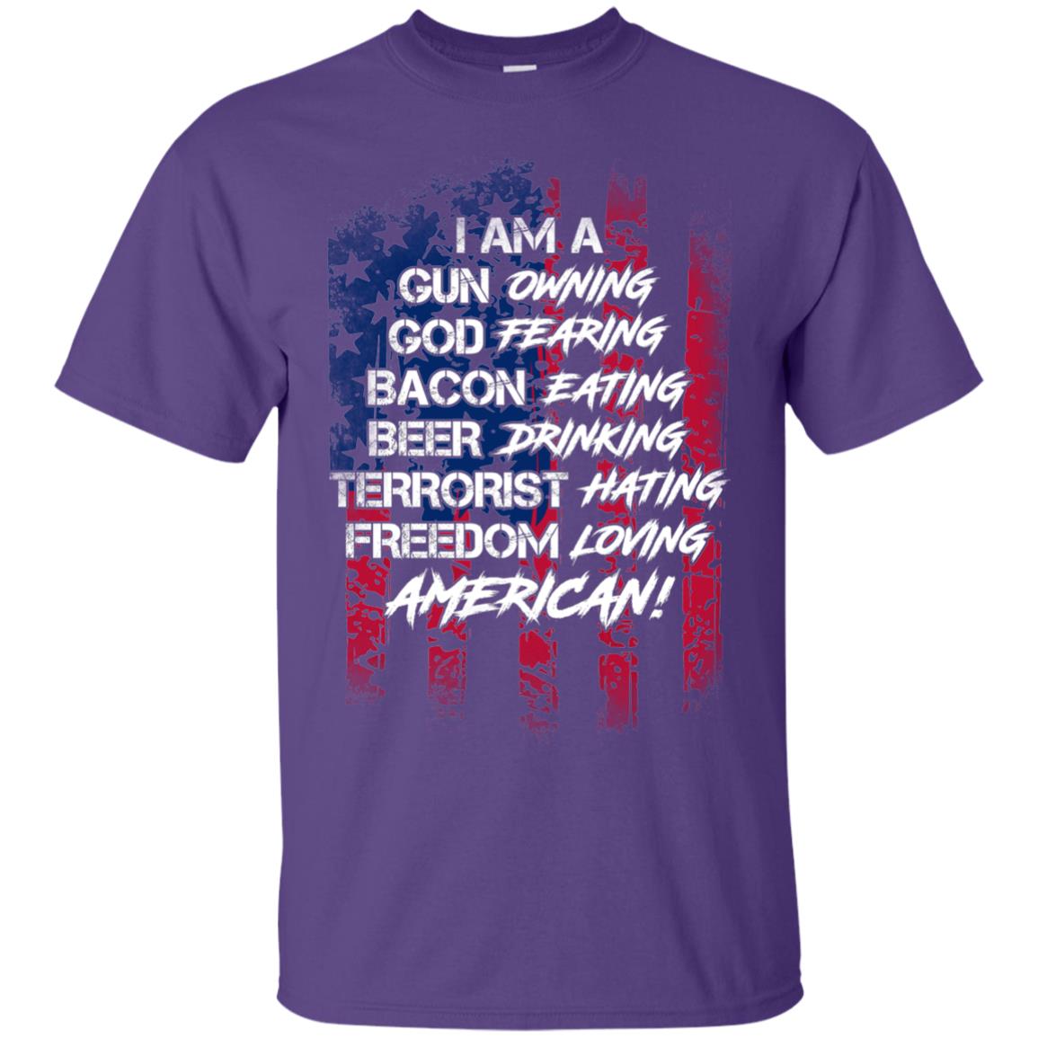 Military T-shirt I Am A Gun Owning God Fearing Bacon Eating Purple