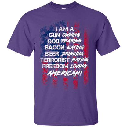 Military T-shirt I Am A Gun Owning God Fearing Bacon Eating Purple