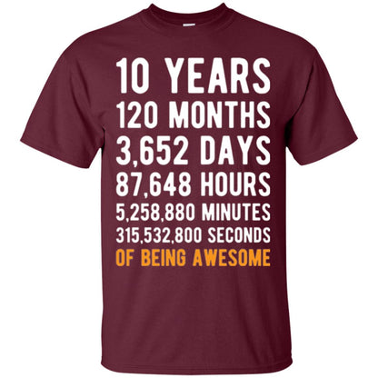 Birthday T-shirt 10 Years Old Of Being Awesome Maroon