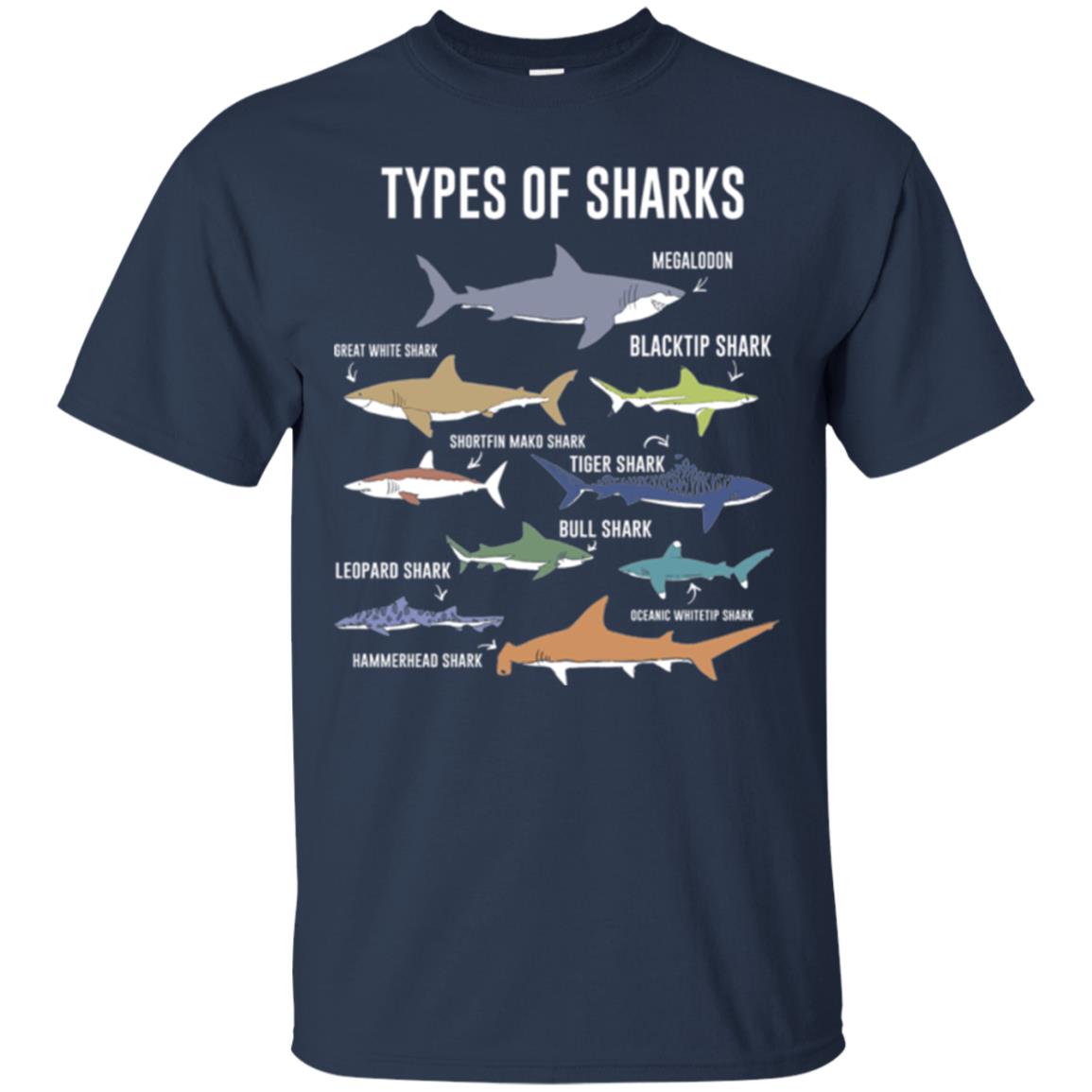 Shark Lovers T-shirt 9 Types Of Sharks Ocean Navy