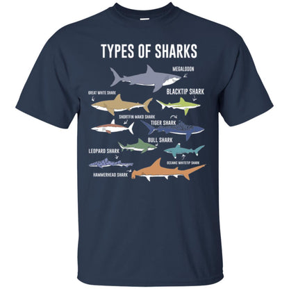 Shark Lovers T-shirt 9 Types Of Sharks Ocean Navy