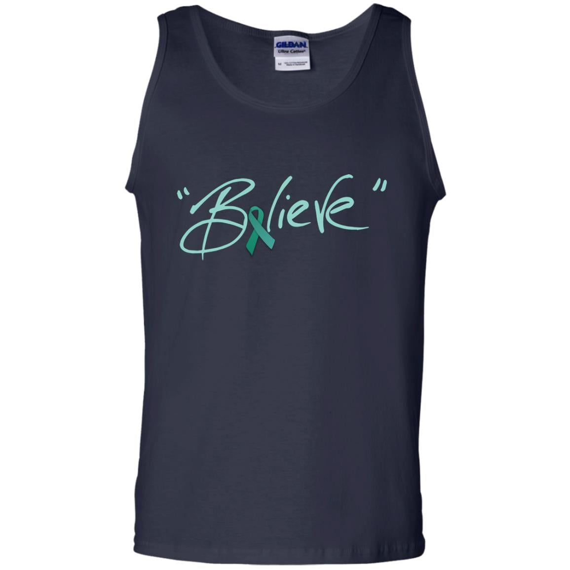 Ovarian Cancer Awareness Shirt Teal Ribbon Believe Navy