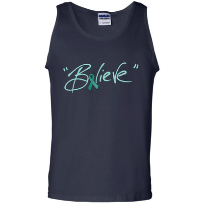 Ovarian Cancer Awareness Shirt Teal Ribbon Believe Navy