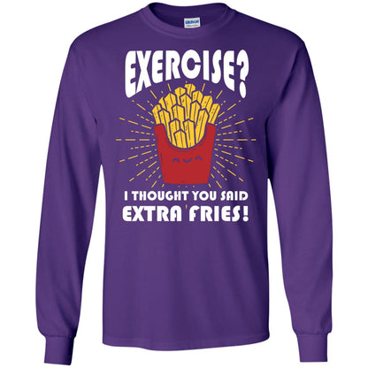 Exercise I Thought You Said Extra Fries Funny Fitness Gift Shirt For Personal Trainer Purple
