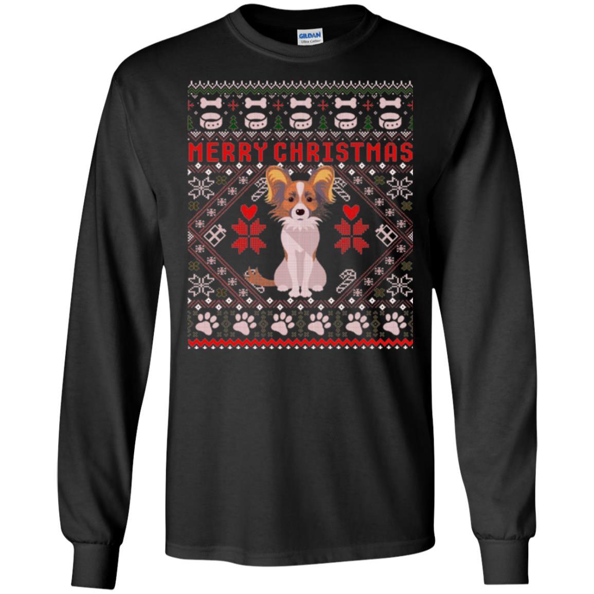 Dog Lover T-shirt Papillon Dog Merry Christmas Black