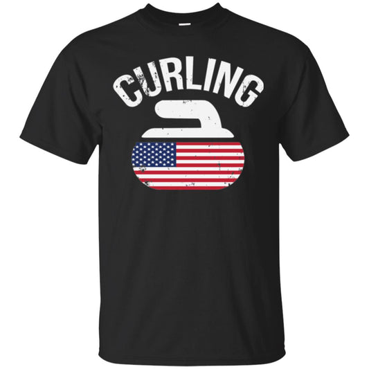 Usa Red White And Blue American Flag Curling Stone T-shirt Black