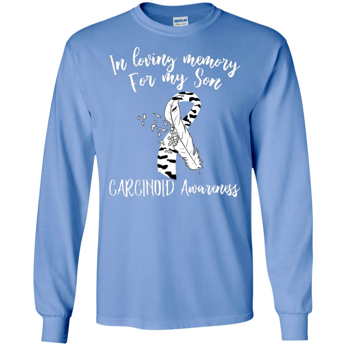 In Loving Memory For My Son Carcinoid Awarenss Zebra Stripe Ribbons Shirt Carolina Blue