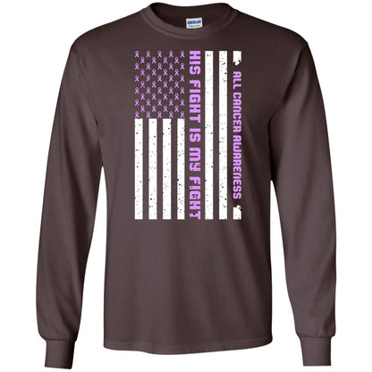 All Cancer Awareness His Fight Is My Fight Lavender Ribbon Stars Flag Of Usa Shirt Dark Chocolate
