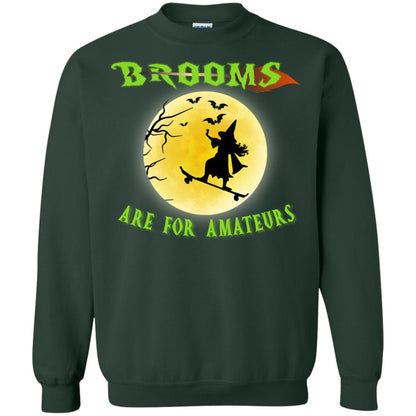 Brooms Are For Amateurs Witches Ride Skateboard Funny Halloween Shirt Forest Green