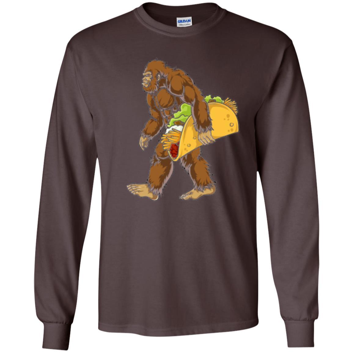 Camping T-shirt Bigfoot Sasquatch Carrying Taco Dark Chocolate