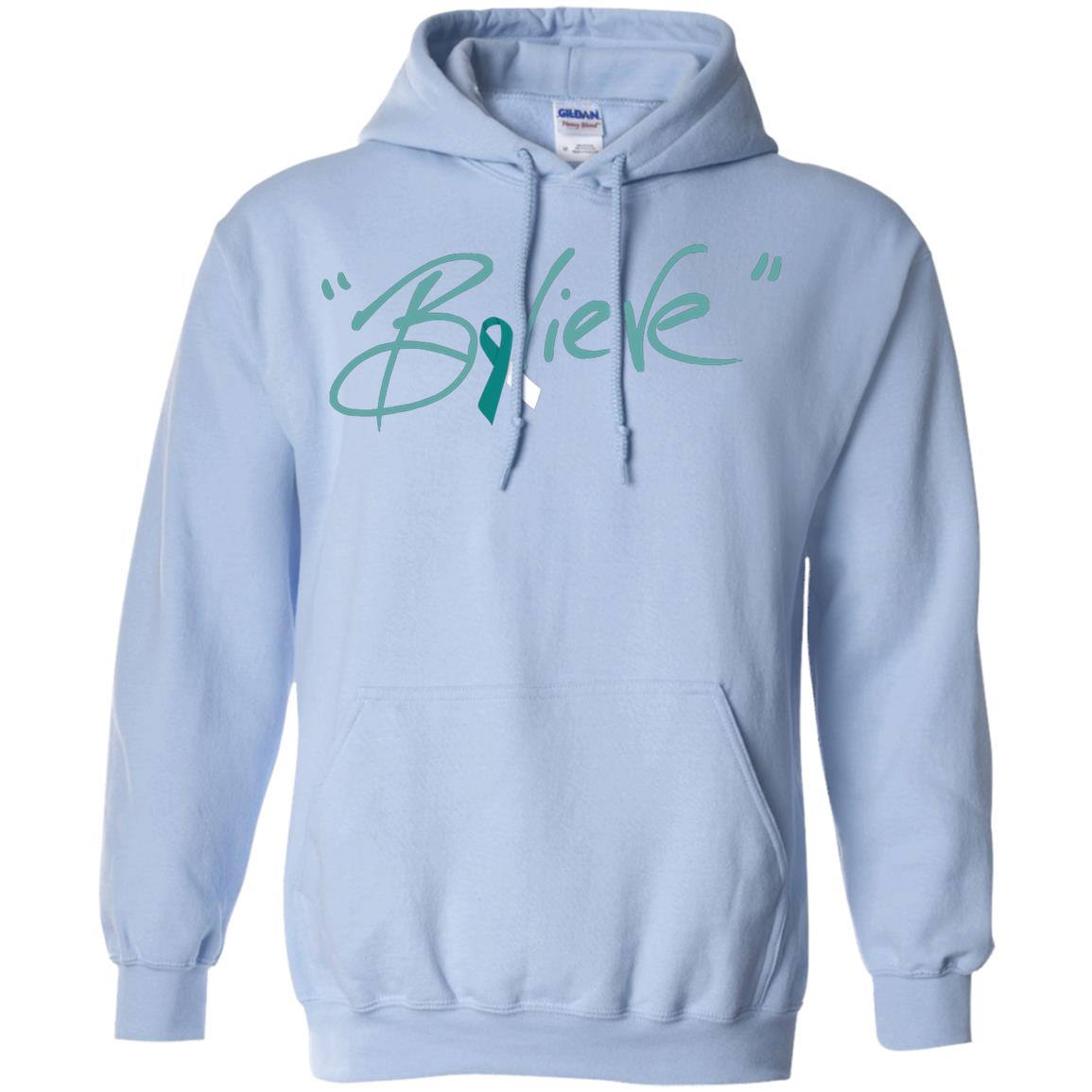 Cervical Cancer Awareness Shirt Teal White Ribbon Believe Light Blue