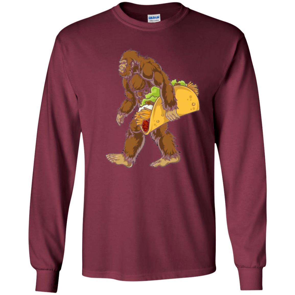 Camping T-shirt Bigfoot Sasquatch Carrying Taco Maroon