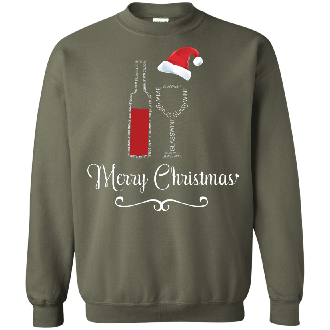 Christmas T-shirt Merry Christmas With Wine Botle And Glass Wine Military Green