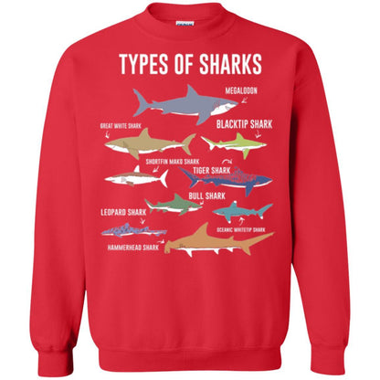 Shark Lover T-shirt 9 Types Of Sharks Ocean Red