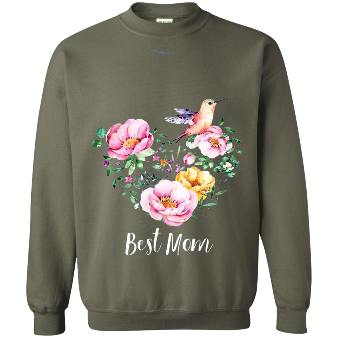 Best Mom Hummingbird Flower Heart Mommy Shirt Military Green