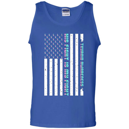 Thyroid Awareness His Fight Is My Fight Teal Pink Blue Ribbon Stars Flag Of Usa Shirt Royal