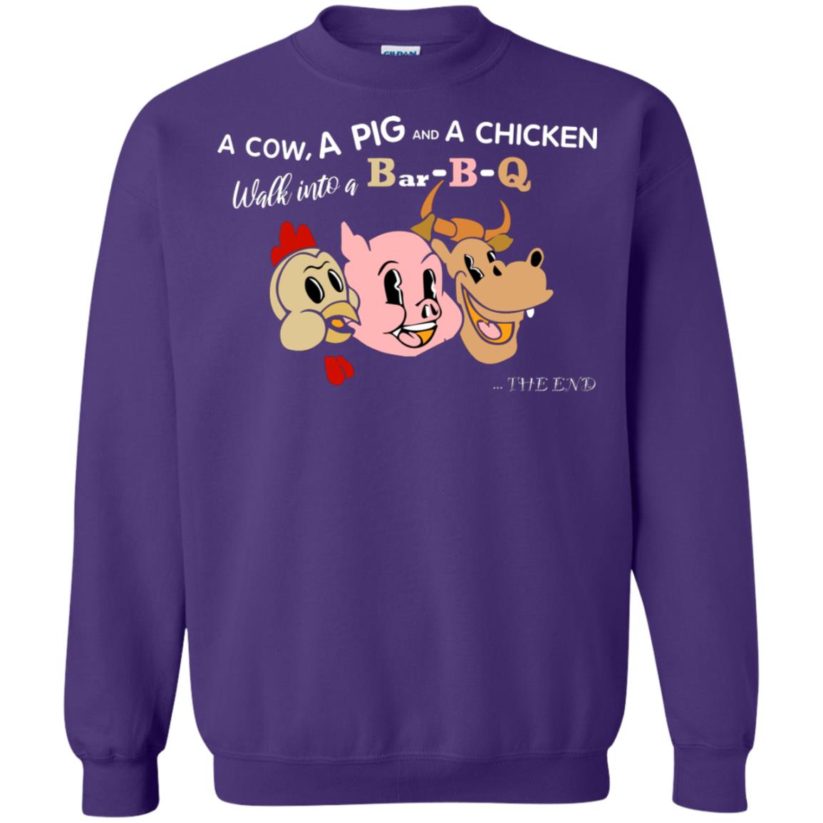 A Cow A Pig And A Chicken Walk Into A Bar-b-q The End Shirt Purple